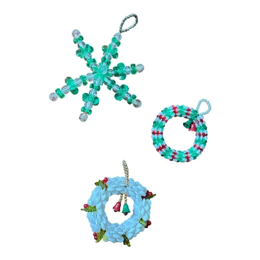 Vintage Hand Crafted Beaded Christmas Ornaments Lot 8 Wreath Bells Snowflake